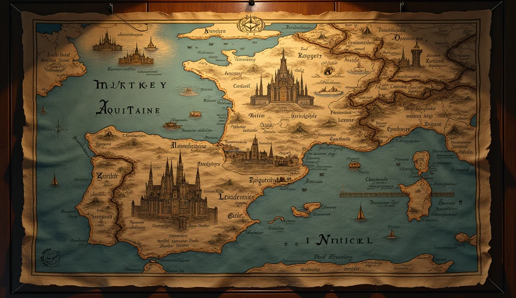 A richly detailed, cinematic map of the Duchy of Aquitaine, presented as a grand, antique parchment illuminated by the dim glow of torchlight. The map highlights Aquitaine's strategic and economic significance with intricate, hand-drawn borders and symbols. Major cities and trade routes are marked with elegant, old-world calligraphy and ornate compass roses, each reflecting its importance. The map is overlaid with shadowy, ominous tones to emphasize the tension and conflict between the French and English realms. Iconic landmarks, such as fortified castles and bustling ports, are depicted with dramatic shading and fine details, evoking the atmosphere of an era on the brink of war. The entire composition, with its dark and atmospheric tones, mirrors the evocative style of Edmund Blair Leighton, underscoring the map’s role in the historical struggle for dominance., Surrealism, Hyperrealism, UHD, retina, masterpiece, accurate, anatomically correct, textured skin, super detail, 16k