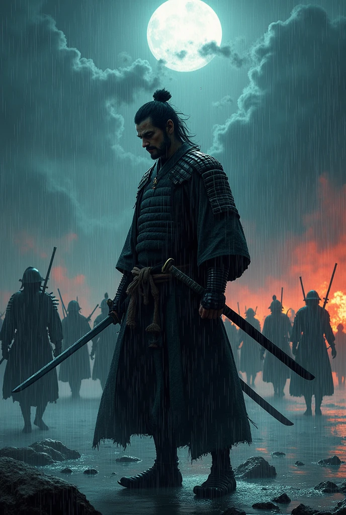Image with a samurai holding a sword in the middle of the rain at night and in the background a samurai war for tattoo design