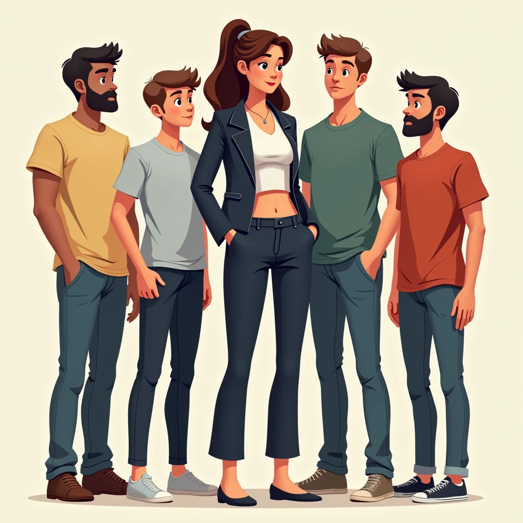 create an detailed image of a tall early teenage girl, around 6 feet tall, standing confidently. She is significantly taller than her four adult brothers, who are each about 5 feet 5 inches tall. The girl is wearing professional cropped suit with shortpants, she has ripped abs. Her four adult brothers are dressed in casual attire as well, like t-shirts and jeans. They stand close together, highlighting the height difference