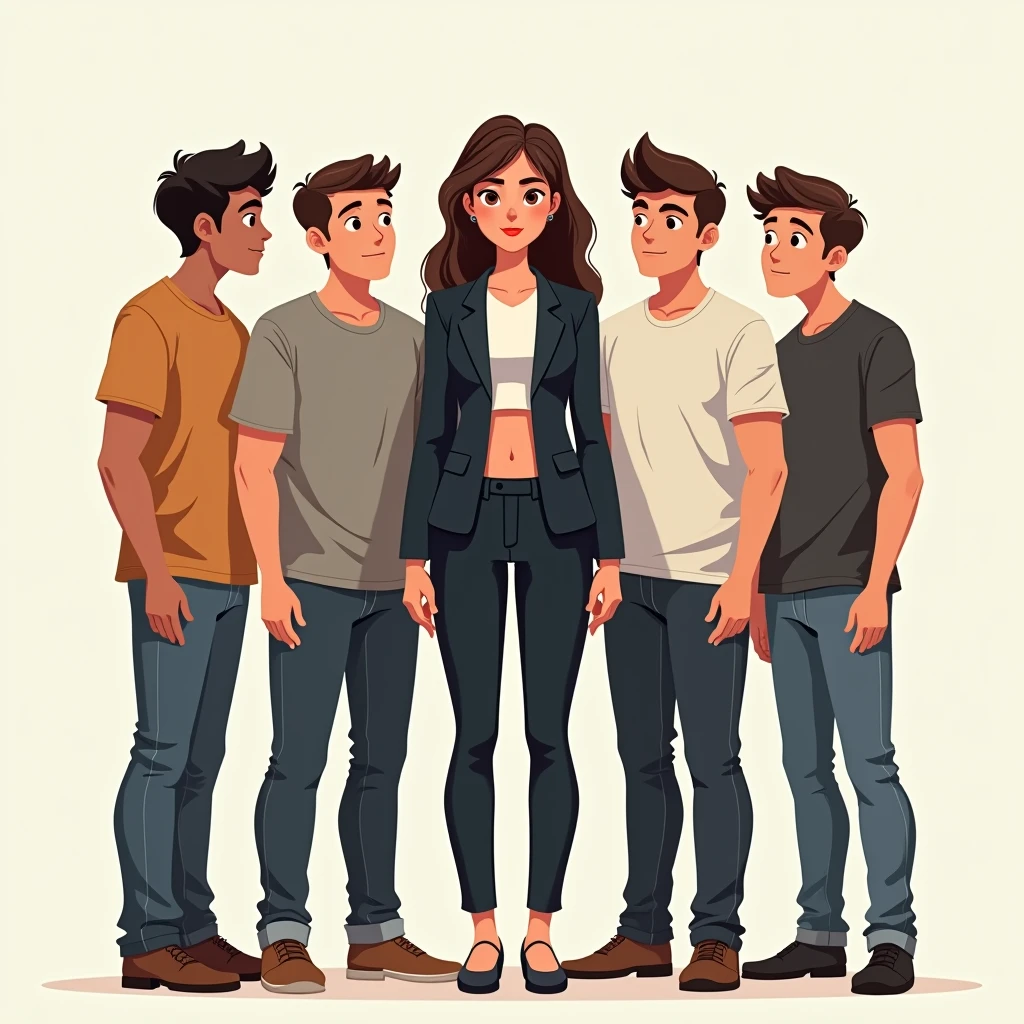 create an detailed image of a tall early age girl, around 6 feet tall, standing confidently. She is significantly taller than her four adult brothers, who are each about 5 feet 5 inches tall. The girl is wearing professional cropped suit with shortpants, she has ripped abs. Her four adult brothers are dressed in casual attire as well, like t-shirts and jeans. They stand close together, highlighting the height difference