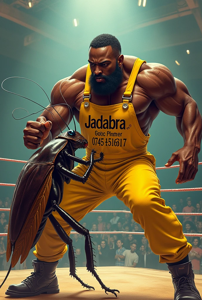 Create 5 powerful illustrations of a muscular African man pest controller in yello overall,with blue gumboots written on "JADABRA, in a wrestling ring verses a muscular cockroach. On the overall it's clearly written "JADABRA" and "0745151617" the man is directly staring at the cockroach. Be careful not to mistake each number of 0-7-4-5-1-5-1-6-1-7 each one of it should appear correctly 