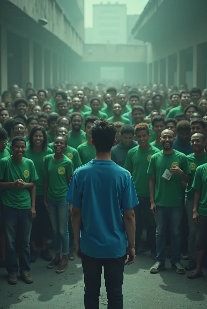 A person alone on one side with a blue shirt looking at it with shame and a group of people with green shirts together on the other side happy all the people are the same size