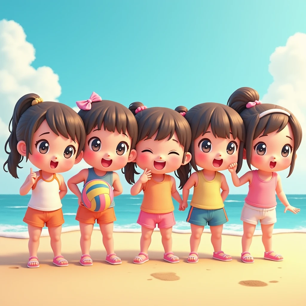 ExtremelyDetailed (((Beach Volleyball Team Kawaii Kids in a row:1.4))), Childish perfect face, Reflective Eyes, Detailed(Delicate Clothing textures), Corrected Leg to Foot Line, Corrected Perfect Hand, Dynamic Joyful Expressions LifeLike Rendering, ((Specular Reflection:1.28)), TopQuality 8K Ultra-detailed masterpiece (ProfessionalPhoto:1.37)(Acutance:0.8),(Luminism:1.22), 