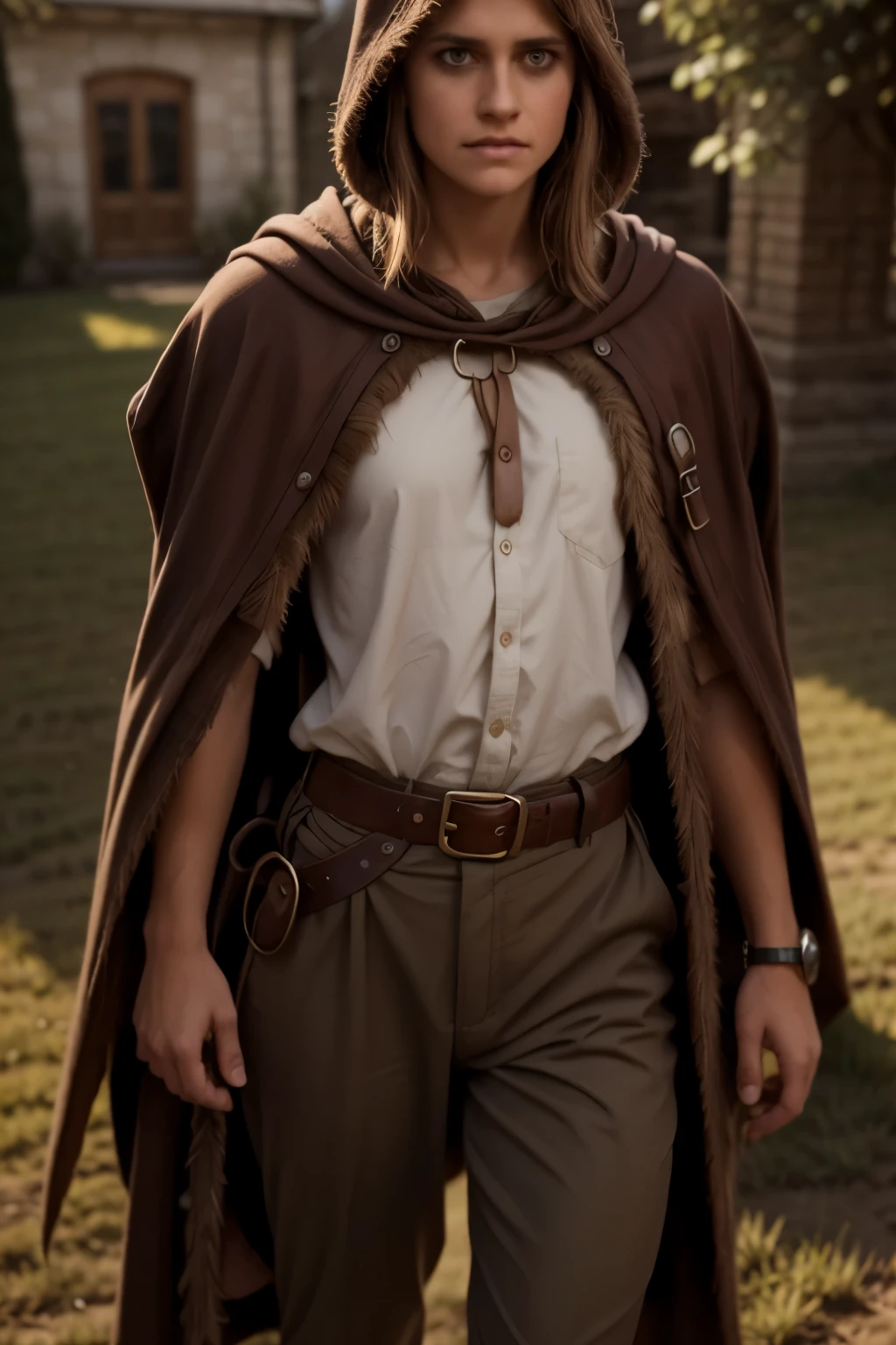 character detailing, man, hobbit, single, without shoes, bare feet, short hair, pixie haircut, leg hair, cape, hood on head, curly hair, fair skin, medieval, adventurer, fantasy, chocolate hair, dark green cloak, brown eyes, angry, big scar on cheek, sword on belt, bone bracelet, (scars), lots of shadows, dark colors, brown pants, milk shirt,