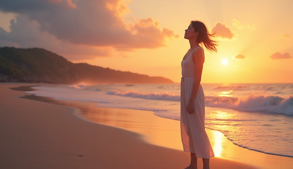 (best quality, masterpiece, ultra detailed), Beach at dawn: The protagonist stands on the beach、A scene where the light of dawn shines on the sea。The protagonist sings as if shouting to the sea.、In the end, you will be enveloped in that light。The camera uses close-ups to capture the protagonist's emotional rise and release.