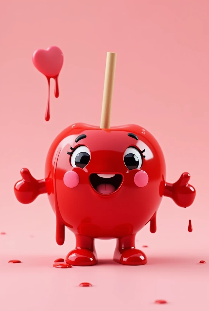 A dripping red candy covered apple with hands and feet and a cute face and a light pink background