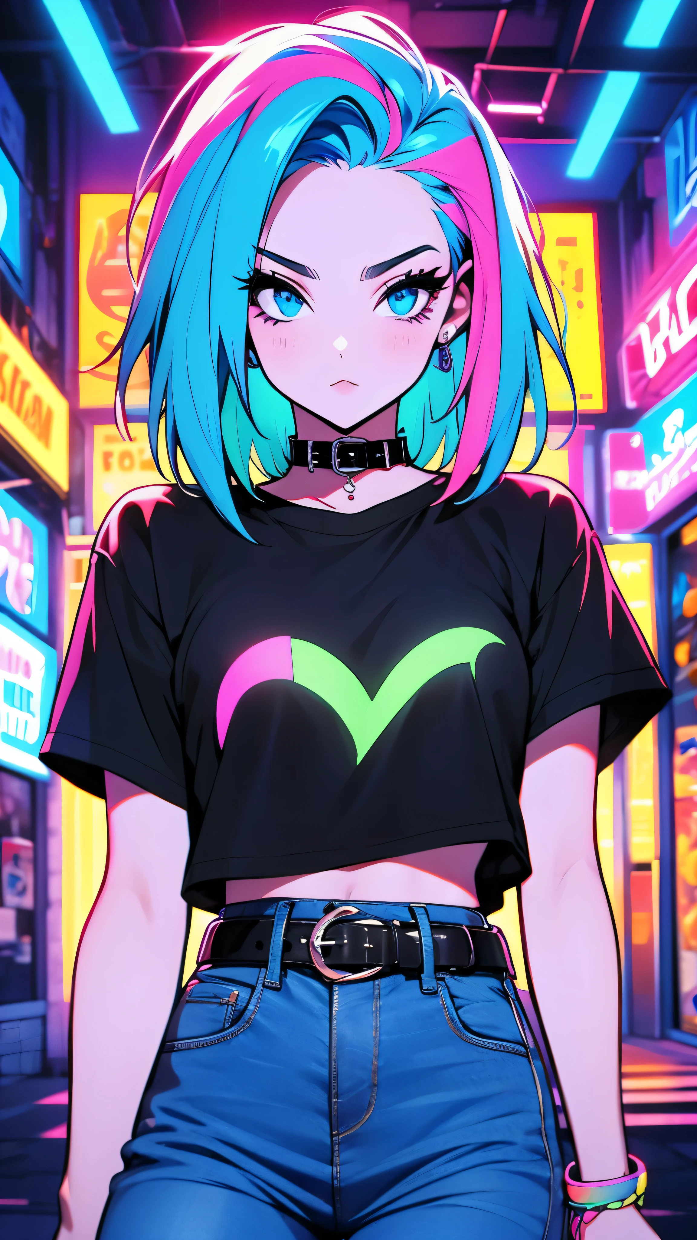 girl in black t-shirt and blue jeans, colorful pop-punk hair, beautiful eyes, belt, neon hearts