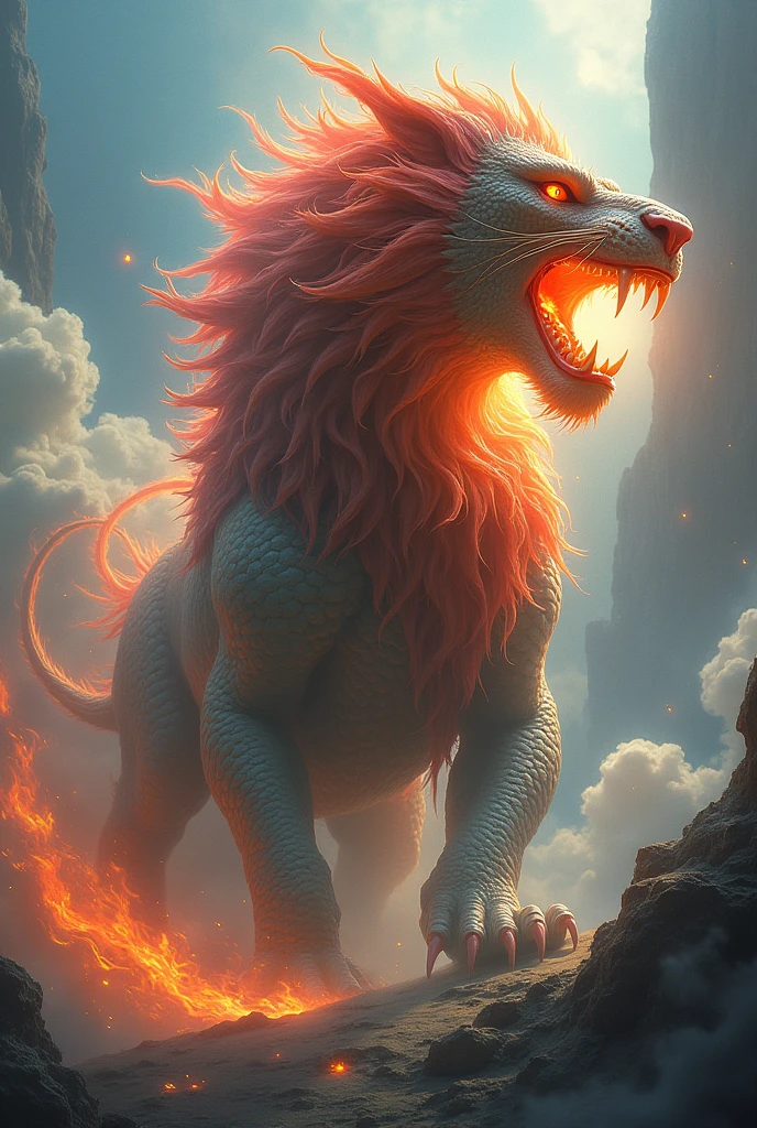 create a leaodragon, lion with dragon, spitting fire, with colored scales and the appearance of a lion