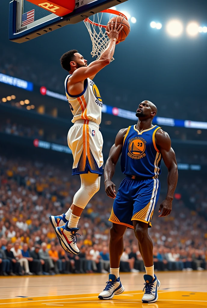 Create an image of Stephen Curry dunking Shaquille O'Neill