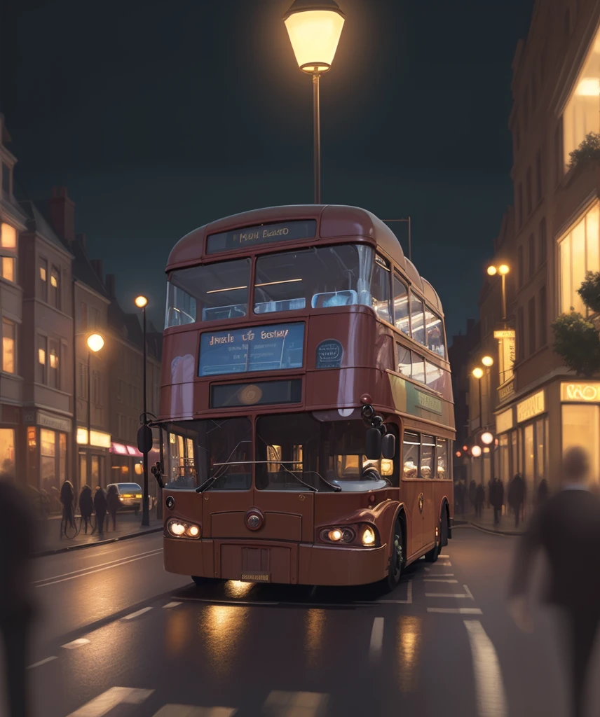 a double decker bus driving down a street at night with people on it's side and a lamp post in the background, extremely detailed oil painting, a photorealistic painting, photorealism, Dan Mumford