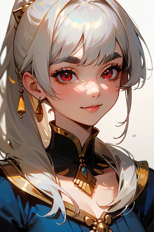 (Highest quality, masterpiece:1.2), High resolution, The highest masterpiece、Very detailed, Realistic:1.37, Fantasy, An illustration,Gray Hair、 Red eyes、Queen, Navy and blue dress、beautifully、Eyeshadow Red、Thick eyebrows、Long eyelashes、pupils are black、shiny on the lips、Top Sites、Queen、Princess、A kind smile、Soft impression、people々々々Loved by、Slimming the face、Shoulder Bare、ponytail、Kissing Face、(Long white hair).Shaggy Bangs、(Save face image).(Goshikta)、(A kind smile)、(Background white)、(Gold Necklace).