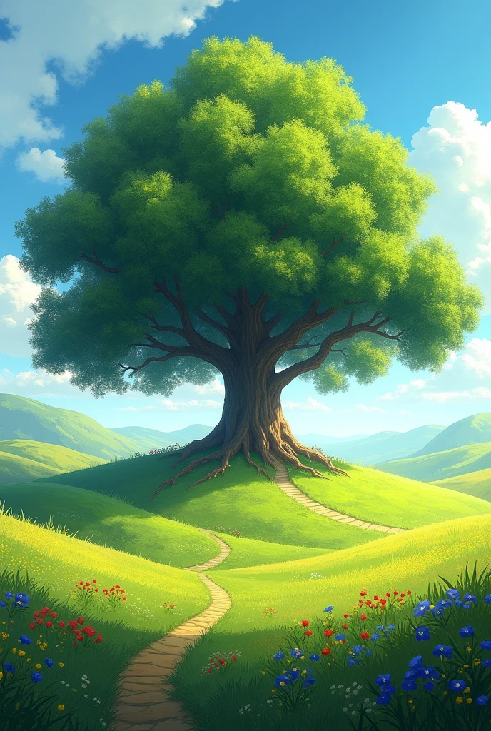 A flowering meadow with a large tree and the midday sun. The treetop makes a big shadow.