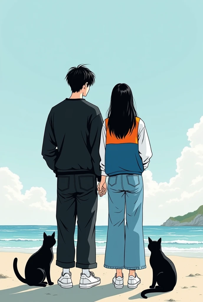 A grown man, high, with black hair in the style of a kpop idol, korean traits, White skin; dressed in wide black jeans, a black sweatshirt and white sneakers. Una mujer adulta con korean traits, with long black hair in the style of a kpop idol, skin very white, dressed in blue plare jeans, a blue and orange striped vest and white sneakers. Both standing next to each other, without touching each other and looking at the beach in winter, next to two black cats. in manhwa style