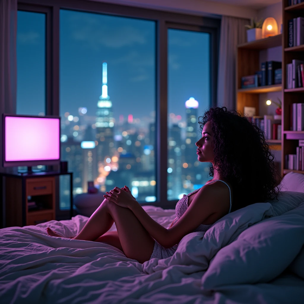 realistic photo of a (pretty girl, 20 years old, brunette, black eyes) at her room viewing TV in a flat wide screen into a cozy apartament into a glass building , (full lips) , ((perfect face)), [[mild smile]], proportionate body,mixed white-latina herritage, beautyfull, beautyfull face, [nubyan nose], [tanned skin], two arms, two legs, five fingers by hand, full body, (softly curly black long hair), girl in confortable sleepewar looking a wide flat screen from her bed, bookshelves with books and collectibles, mezzy stuff on floor, starred sky behind pothole at ceiling, confortably lying with feet over bed, photo taken from the back to feet, confortable appartament into glass building, night neon cyberpunk city behind huge glass panels
