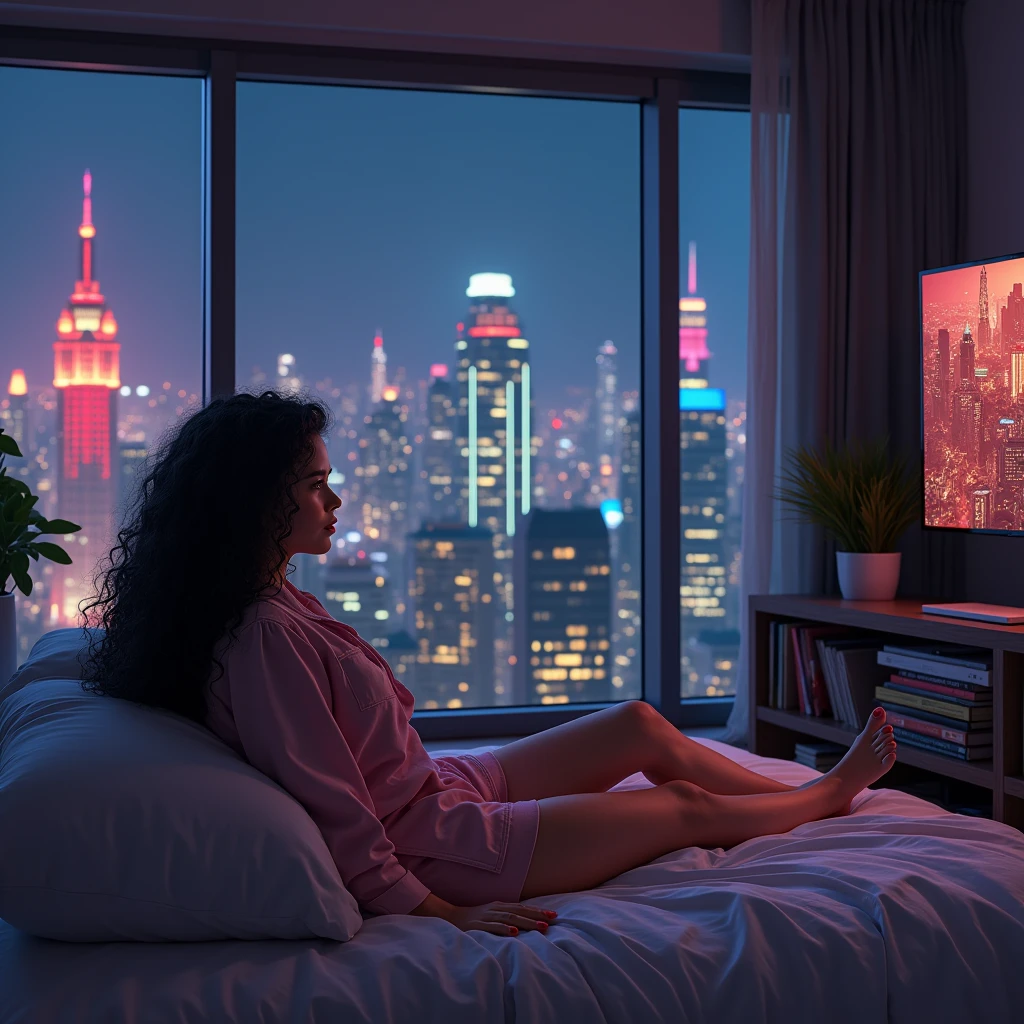 realistic photo of a (pretty girl, 20 years old, brunette, black eyes) at her room viewing TV in a flat wide screen into a cozy apartament into a glass building , (full lips) , ((perfect face)), [[mild smile]], proportionate body,mixed white-latina herritage, beautyfull, beautyfull face, [nubyan nose], [tanned skin], two arms, two legs, five fingers by hand, full body, (softly curly black long hair), girl in confortable sleepewar looking a wide flat screen from her bed, bookshelves with books and collectibles, mezzy stuff on floor, starred sky behind pothole at ceiling, confortably lying with feet over bed, photo taken from the back to feet, confortable appartament into glass building, night neon cyberpunk city behind huge glass panels
