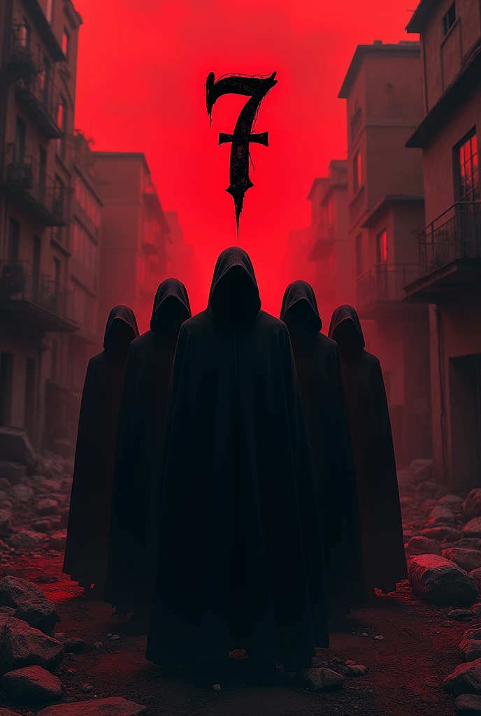 • Prompt: A close-up of a disturbing painting or mural on the wall of the building. The painting depicts a dark, ominous scene with ghostly figures and blood-like streaks.