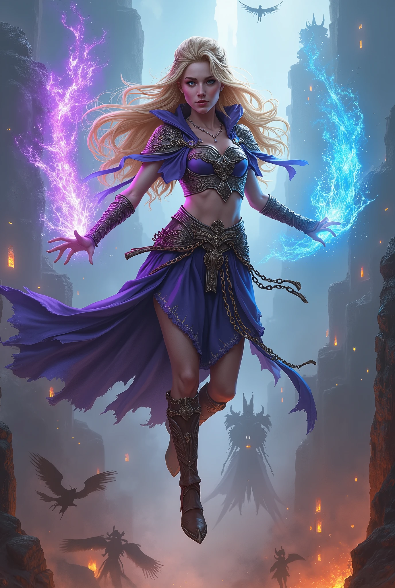 A beautiful young woman with a determined look, long flowing blonde and purple hair adorned with a intricatly detailed headpiece, wearing a battle tunic made of leather with flowing ribbons and chains laced with intricate details and gems. guild wars. (Large breasts), a battle mage wielding fire and ice powers, floating in the air amidst a crumbling city caught in an apocalyptic event. Winged demons attack appearing through portals. Masterpiece, highly detailed, 4k. Epic and dynamic lighting with deep shadows and highlights from magical powers.