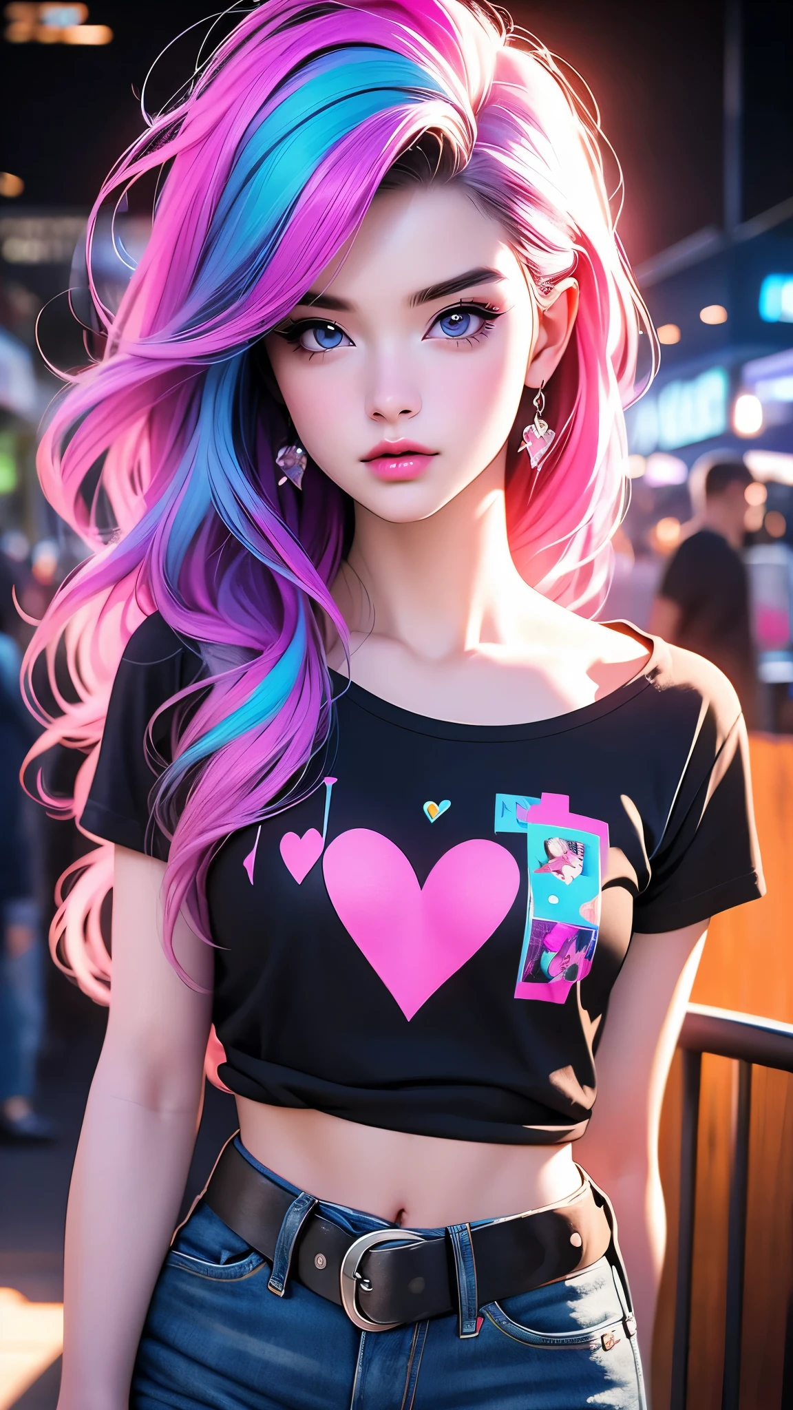a beautiful girl in a black t-shirt and blue jeans, colorful pop-punk style hair, beautiful detailed eyes, detailed lips, detailed face, a belt, neon hearts, (best quality,4k,8k,highres,masterpiece:1.2),ultra-detailed,(realistic,photorealistic,photo-realistic:1.37),vibrant colors,dynamic lighting,cinematic,concept art,digital painting