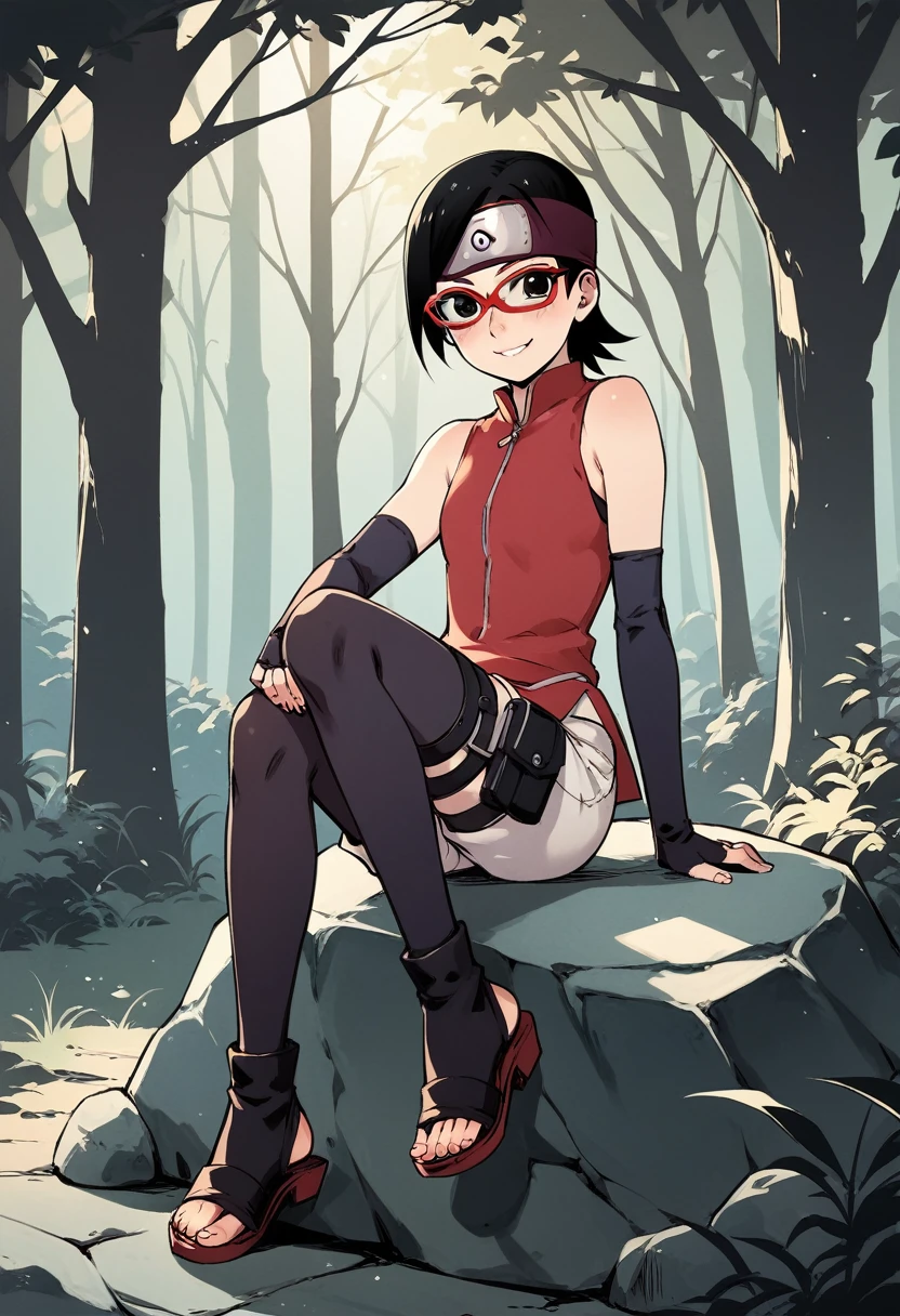 (score_9, score_8_up), score_7_up, zPDXL, Sarada Uchiha, solo, 1girl, black hair, short hair, red-framed eyewear, glasses, black eyes, red dress, sleeveless, elbow gloves, black gloves, fingerless gloves, white shorts, black thighhighs, thigh holster, toeless sandals, smile, looking at viewer, blushing, forehead protector, konohagakure symbol, sunny, forest, sitting on rock, orenji