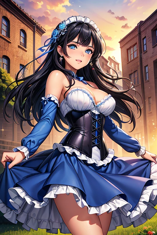 #Basics Girl posing for a photo, animeのcute少女, ((One Girl)), ((Baby Face:1.5)), ((cute:1.5)), (()), 
break 

#Clothing Accessories 
((Blue Teddy Dress:1.2) : (Rococo Dress) + (Lace and frills adorned) + (Bustier) + (corset) + (A dress with no open chest:1.2) + (Long sleeve) + (Floor Length + Long skirt:1.2)) + (White high heels) + (White headband) + (Red flower hair ornament), 
((Blue gemstone earrings)), 
break 

#Features 
((Black Hair:1.2)), ((Long side bangs)), ((Medium Hair) : Voluminous Hair + Straight hair + Hair blowing in the wind), 
((Big eyes:1.4)), ((blue eyes)), 
(Small breasts), 
(White skin), 
break 

#background environment 
((noon, A large lawn dazzling with sunlight, blue sky)), 
#Facial Expression Pose 
((A happy smile) + (Open your mouth)), ((Stand strong with your arms outstretched)), 
#composition 
((Angle from the front)), ((Cowboy Shot)), 
break 

#Body parts elements 
(Slim figure), 
(Symmetrical facial features), 
(Detailed Hair, Beautiful Hair, Shiny Hair), 
(double eyelid, Long eyelashes, Thin eyebrows:0.5), 
(Detailed eyes), (Beautiful Eyes), (Sparkling eyes), Glitter Eyeliner, 
(Human Ear), 
(Beautiful Nose, Thin Nose), 
(Glossy Lips, Beautiful Lips, Thick lips), 
(Detailed skin, Textured skin, Beautiful Skin, Oily skin), 
break 

#quality  
(((最高quality)), ((masterpiece:1.3)), ((Very detailed))), ((Ultra-high resolution)), ((16K)), ((1080P)), ((Full HD)), 
((Anatomically correct)), ((Realistic)), (3DCG), ((oil)), 
((comics, anime)), (CG illustration), (RAW Photos), 
