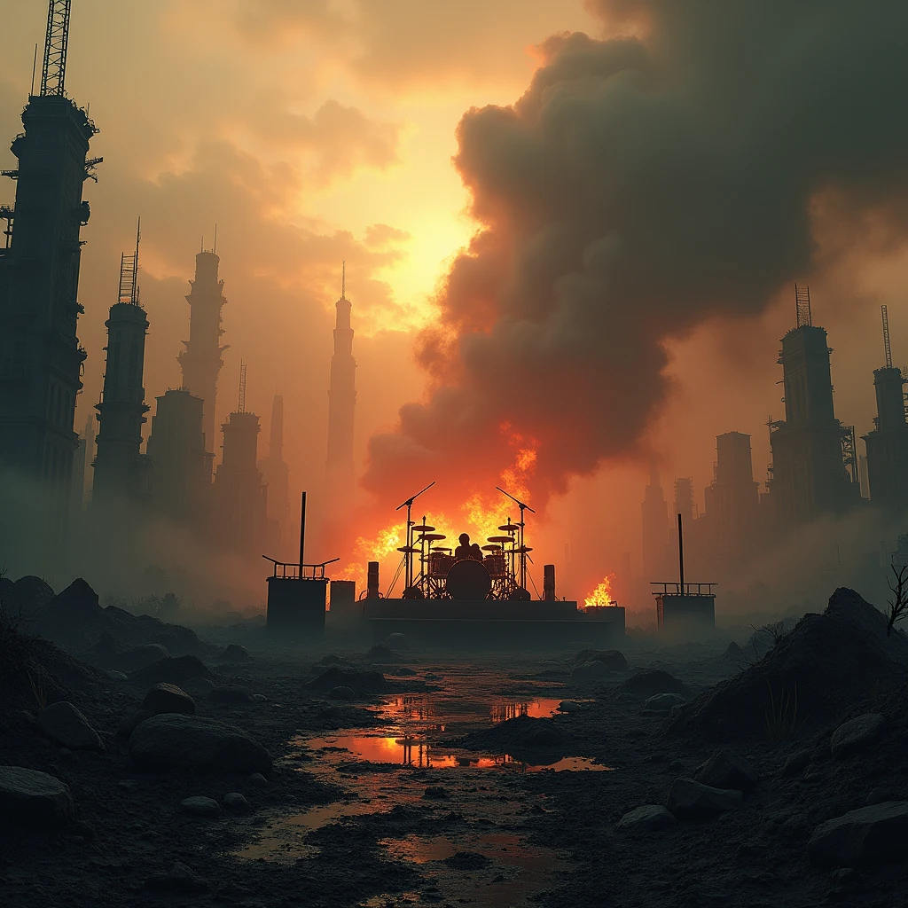 A post-apocalyptic landscape, with ruins of cities and buildings blackened by fire. A dense and oppressive atmosphere, with clouds of smoke and ash covering the sky. In the middle, a concert stage with smashed musical instruments and smoking amplifiers. A wall of sound that seems to shake the earth, with bass that makes the ground shake. The scene evokes the intensity, the energy and destruction that characterize the death metal genre, without having to resort to macabre or occult images The focus of attention and center of the image, It is the stage with all the instruments, must be in front of the screen and without people in the image