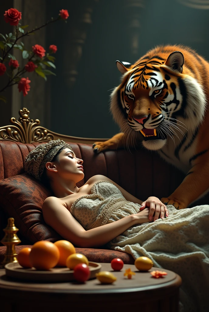 A Moorish woman sleeping on a wooden sofa, her husband is almost naked, a tiger fur is on his head, the tiger's mouth is open, its teeth are prominent and terrifying, on the table there is a plate of delicious fruits, and various flowers, dramatic lighting, wonderful color tones, moody, cinematic, (Best quality, very detailed work, (realistic, photorealistic, realistic: 1.37)dramatic lighting, cinematic composition, dramatic color palette, scale.