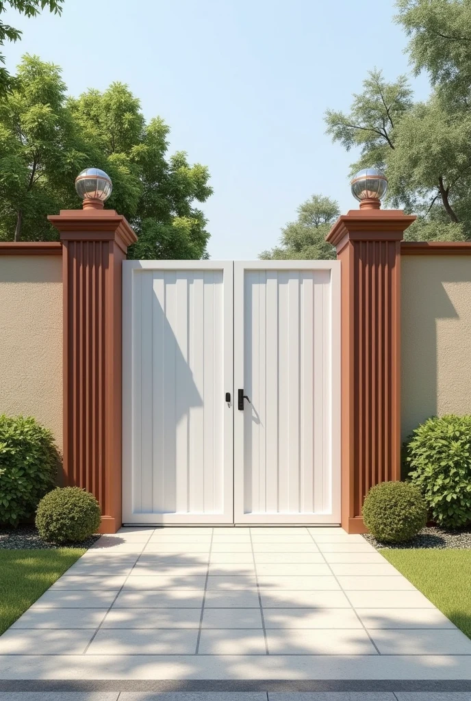 I have a 40-meter linear wall with a metal social gate painted white. (gate all closed, no air passage) and side columns with closure at the top painted in varnished monkey brown, I need examples of designers for the wall, It has a thick roughcast texture painted in sand color, Give me photos of how I can improve the wall to make it more beautiful.