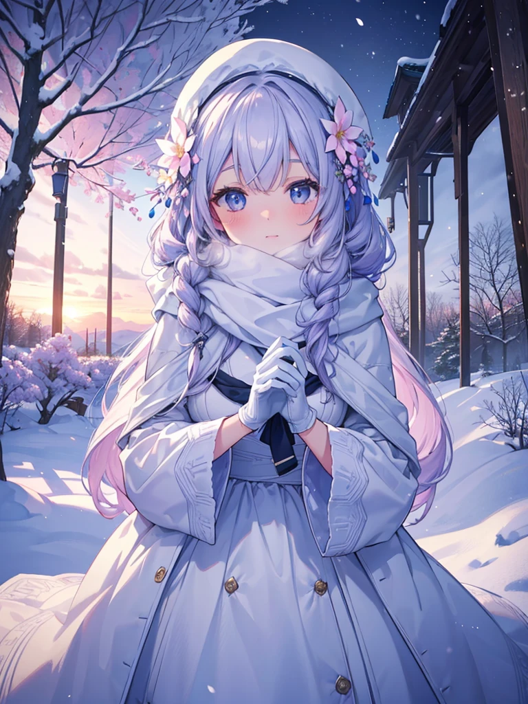 detailed snow-covered garden, beautiful blooming flowers, winter landscape, 1girl, long curly hair, serene expression, warm winter clothing, gloves, scarf, detailed facial features, (best quality,4k,8k,highres,masterpiece:1.2),ultra-detailed,stunning lighting, soft pastel colors, cinematic composition, magical atmosphere