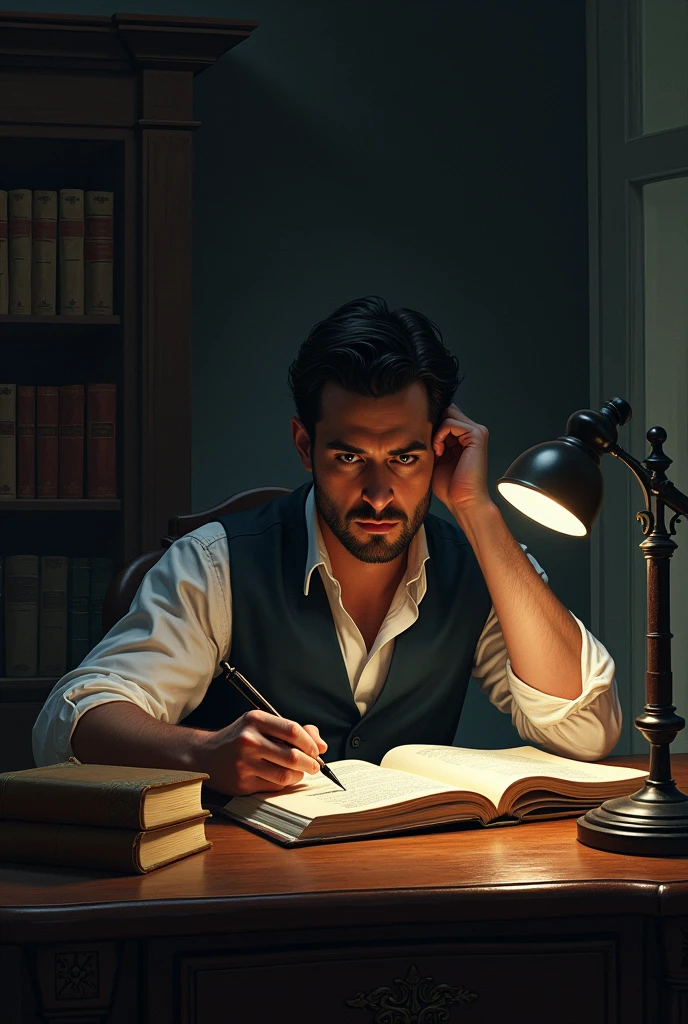  Image of a man intensely working on riddles