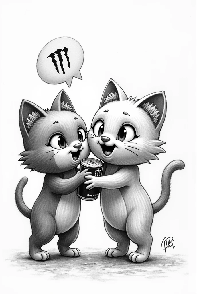 the cat of *fasfu burgers* collaborating with the Monster Energy company drawn in black and white pencil, more striking