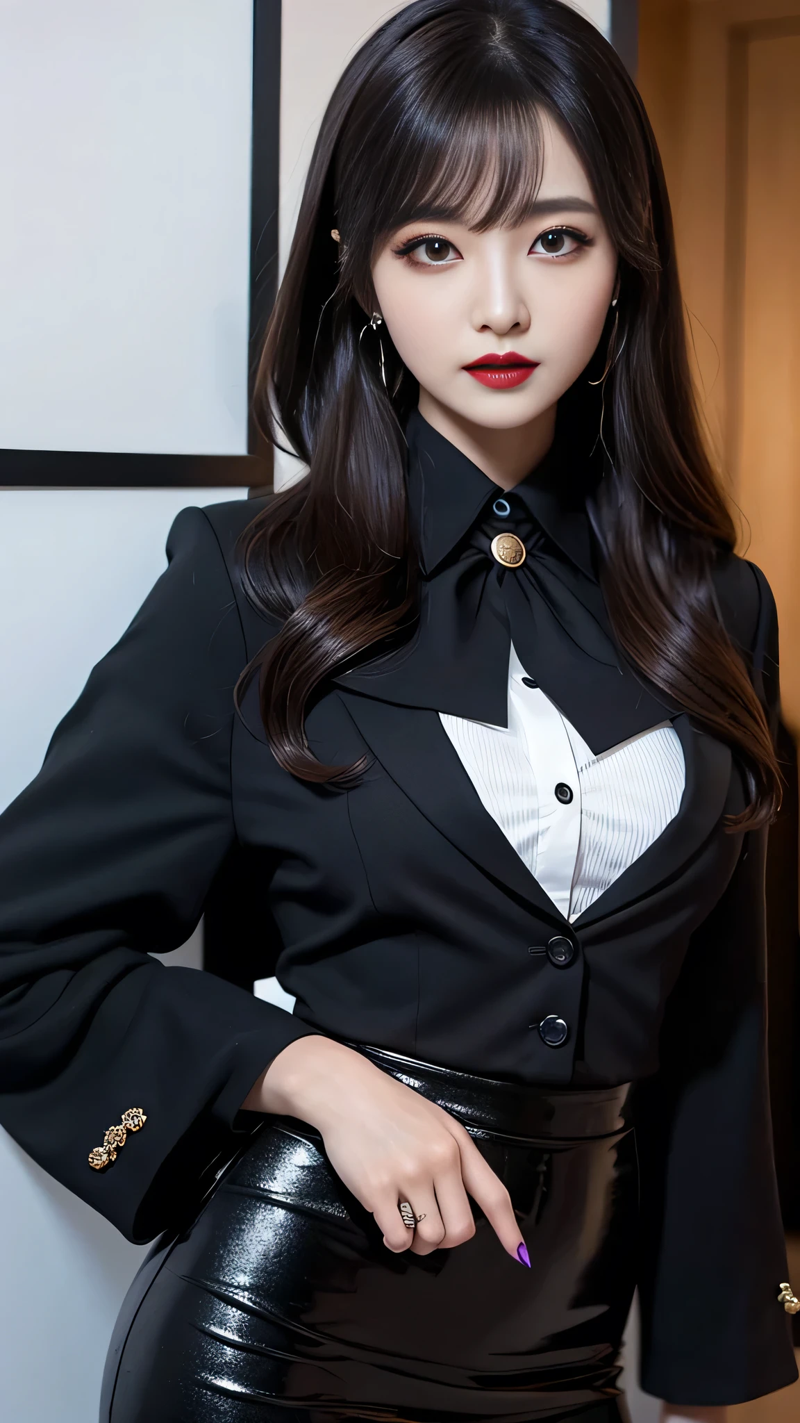 best quality、ultra-detailed、4k、Japanese、Seductive beauty、seductive adult woman、Pretty Woman、cool girl、Villainess、Fallen into evil、smirk、Evil look、Wicked Smile、evil、Brown hair、wavy hair、swept bangs、brainwash makeup、dark makeup、piercing eyes、hollow eyes,half-closed eyes、Hollow Eyes、purple Eyeshadow、black lipstick、black lipglos、office staff suit、suit、Jacket、Black sleeves、White Shirt、Black Ribbon、Tight Skirt、bezyu pantyhose、bezyu stocking、night、inside darkroom、Are standing、shoot from below、Have lipstick、Emblem of Evil、Crest of Darkness、Swear allegiance、I have pledged my allegiance、Dye black、Blackening、Stained with evil、Dyed in darkness、Seduce、Black Flower
