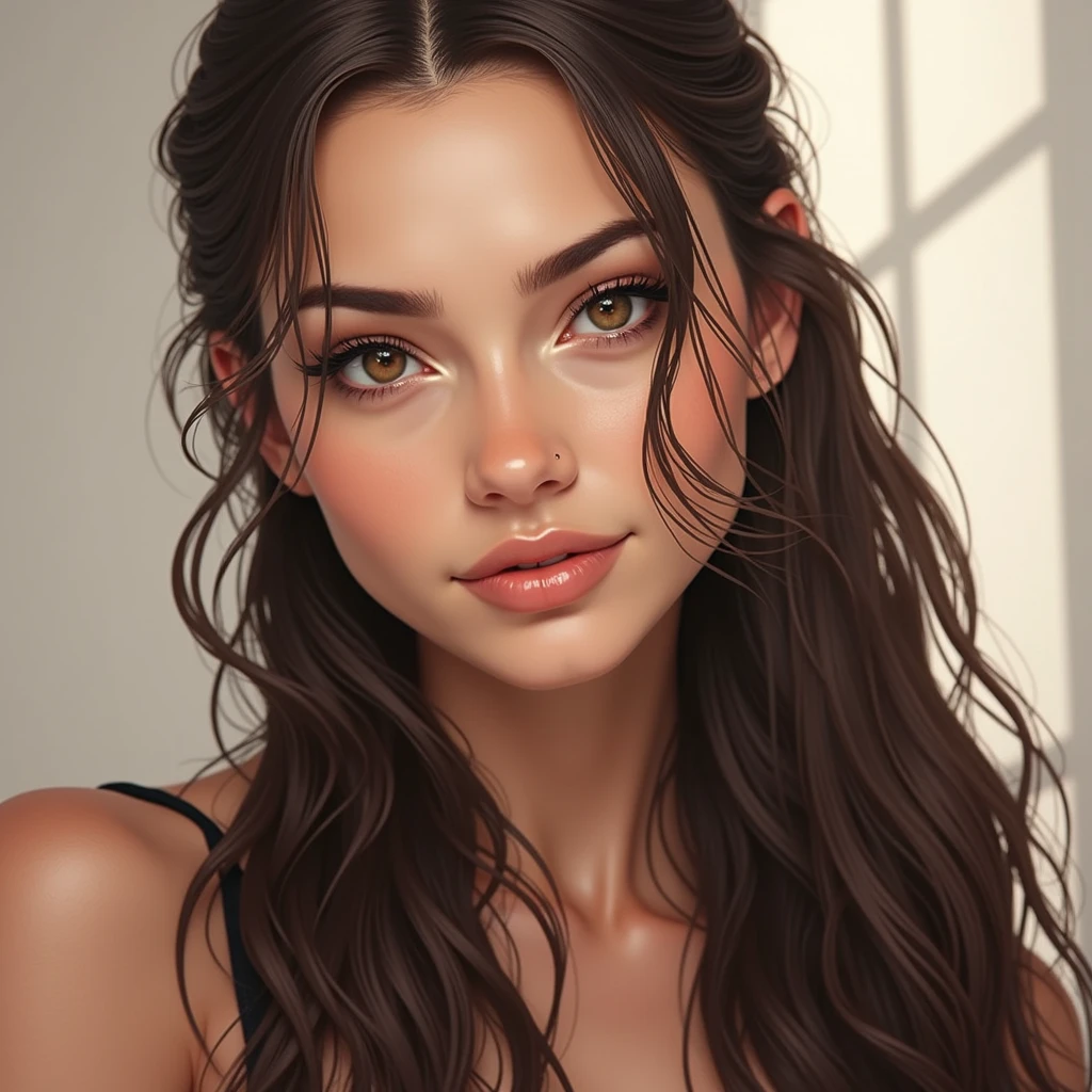 jolie fille cheveux long brun en maillot de bain sexy, en tailleur les jambes écarté