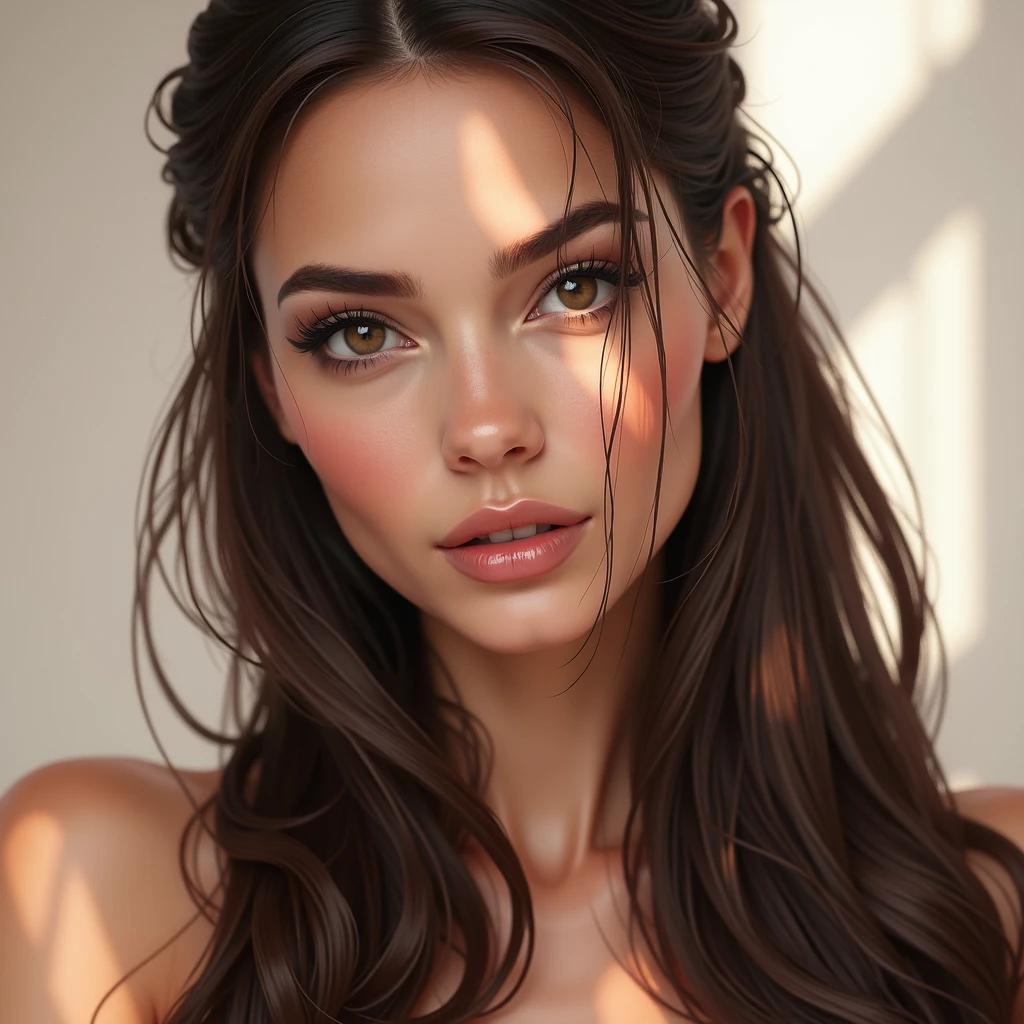 jolie fille cheveux long brun en maillot de bain sexy, en tailleur les jambes écarté
