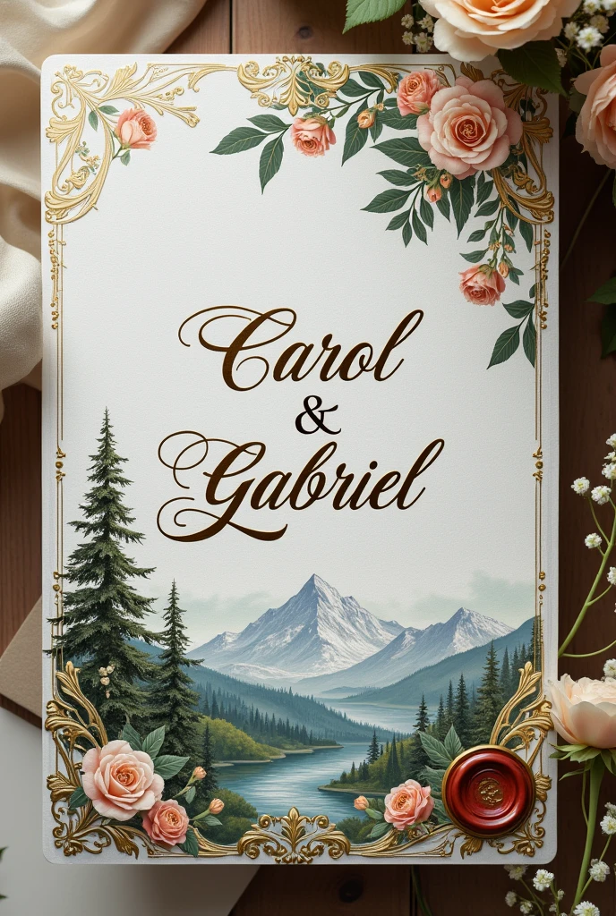 a beautiful wedding invitation for the marriage of Carol and Gabriel, intricate floral design, elegant calligraphy, embossed golden elements, landscape inspired by Yellowstone National Park, closing with a wax seal and a sprig of flowers