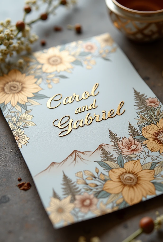 a beautiful wedding invitation for the marriage of Carol and Gabriel, intricate floral design, elegant calligraphy, embossed golden elements, landscape inspired by Yellowstone National Park, closing with a wax seal and a sprig of flowers
