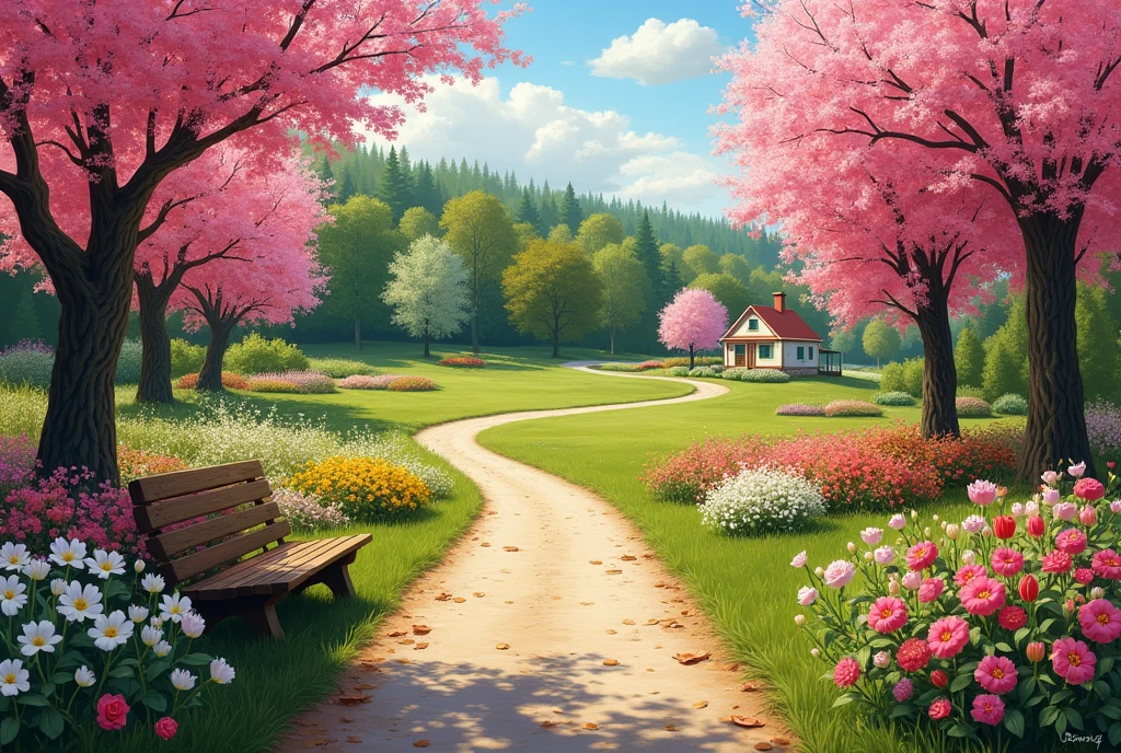 Countryside landscape with roads, many pink ipês along the road, candle trees, green lawn and lots of trees, floral flowers colorful, azalea plant, tulips, leaves on the road, house with land at the end of the road, rustic wooden bench like a brush oil paint picture painting