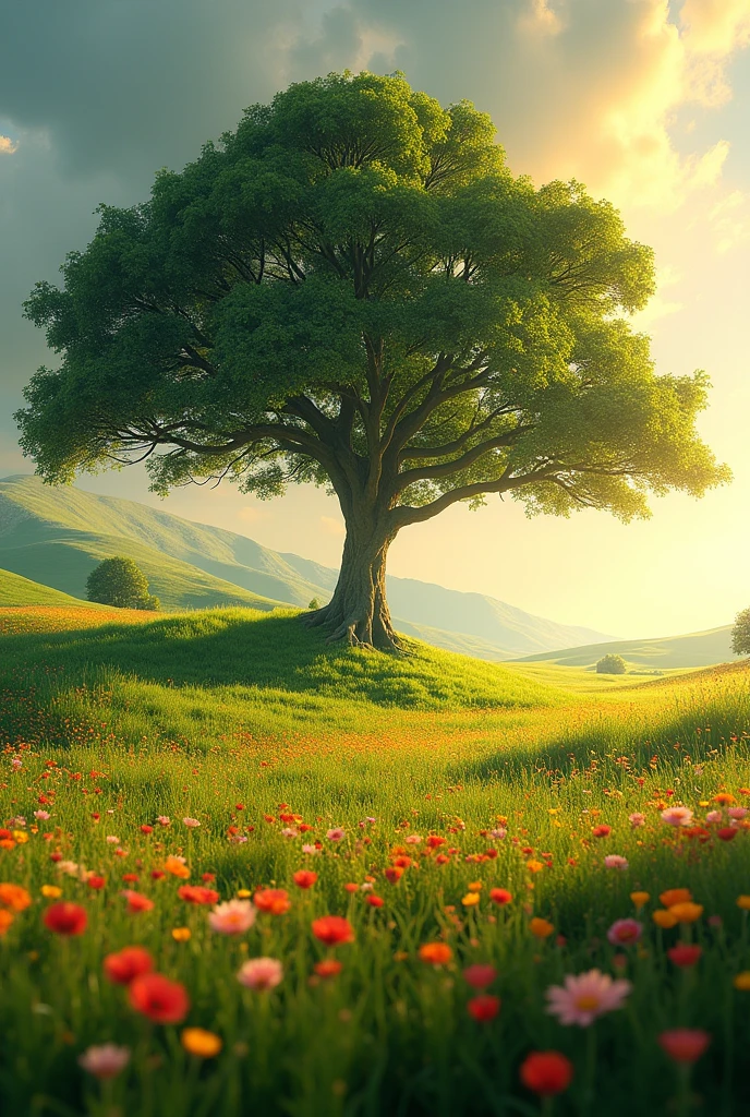 A lush, vibrant meadow with a large tree and the midday sun, the tree's canopy casting a sprawling shadow, (best quality,4k,8k,highres,masterpiece:1.2),ultra-detailed,(realistic,photorealistic,photo-realistic:1.37),dramatic lighting,intricate details,stunning landscape,natural beauty,serene atmosphere,warm tones,golden hour,volumetric lighting,majestic tree,rolling hills,wildflowers,verdant foliage