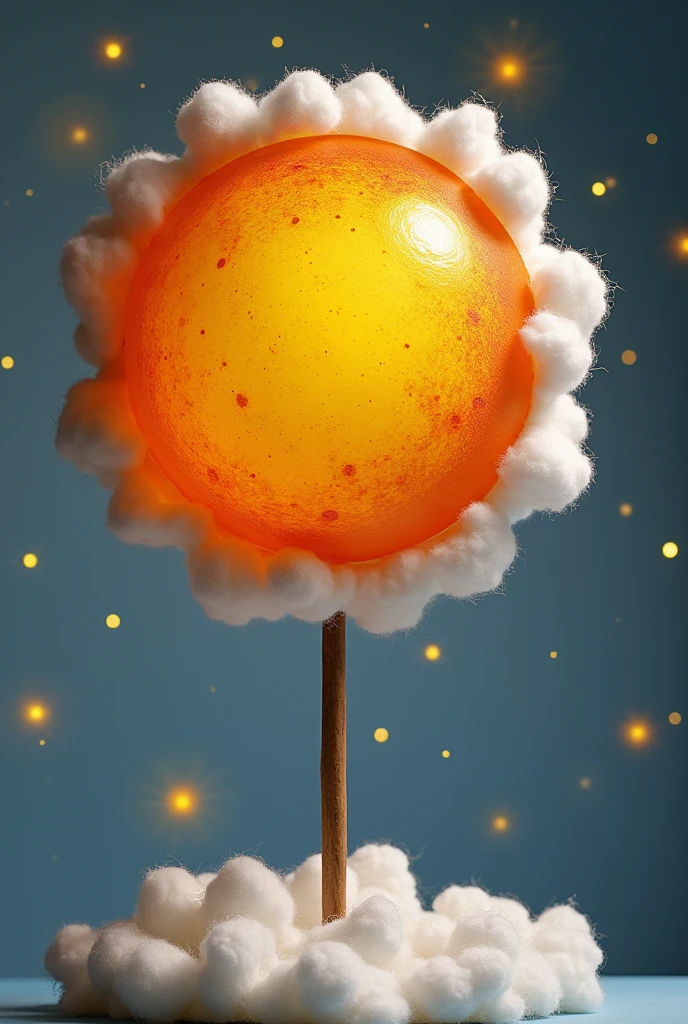 A yellow and orange painted styrofoam ball held with a stick surrounded by cotton glued to the ball as if it were an explosion wave simulating the Big Bang 