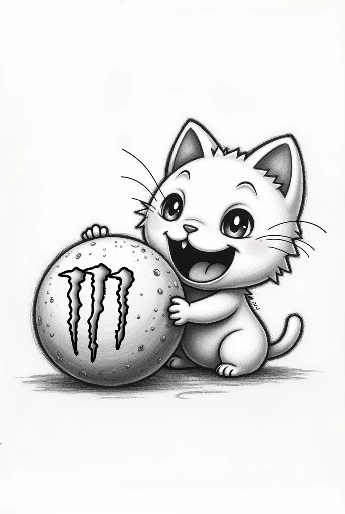 the cat of *fasfu burgers* making collaboration with the monster energy company drawn in black and white pencil