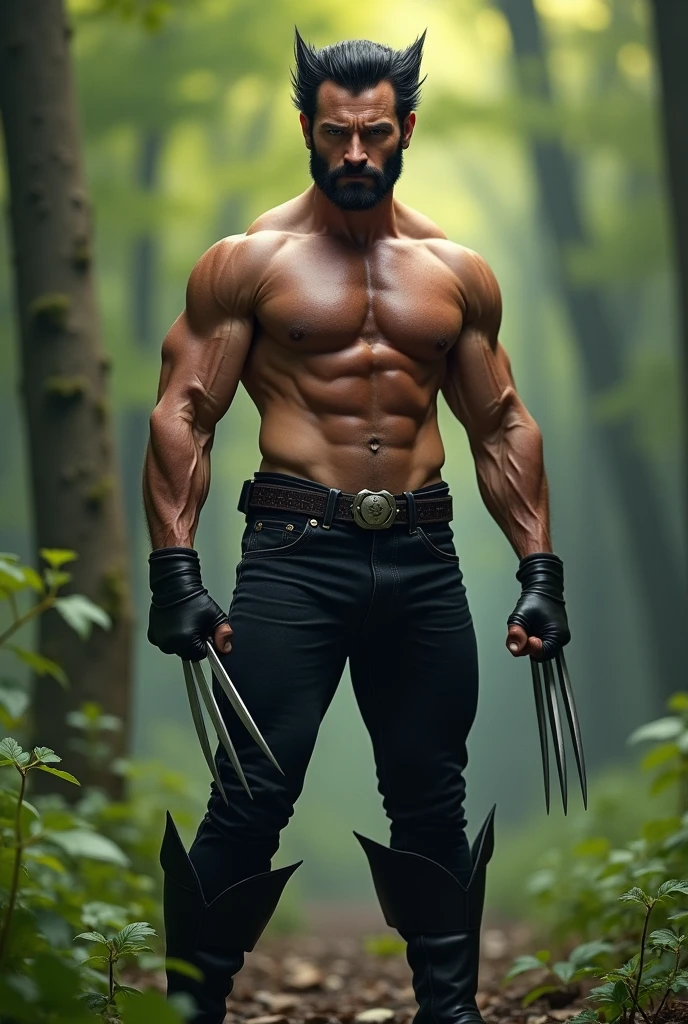 Wolverine, heroic aura, sharp focus, (intricate detailing:1.6 face, eyes, nose, ears, lips, anatomy, six pack abs, knife from fists), (wearing:1.6 black jeans, boots), standing inside the forest, HDR, 256K, masterpiece, high quality, cinematic effects, CGI, vibrant colors, hyper realistic, hyper photorealism