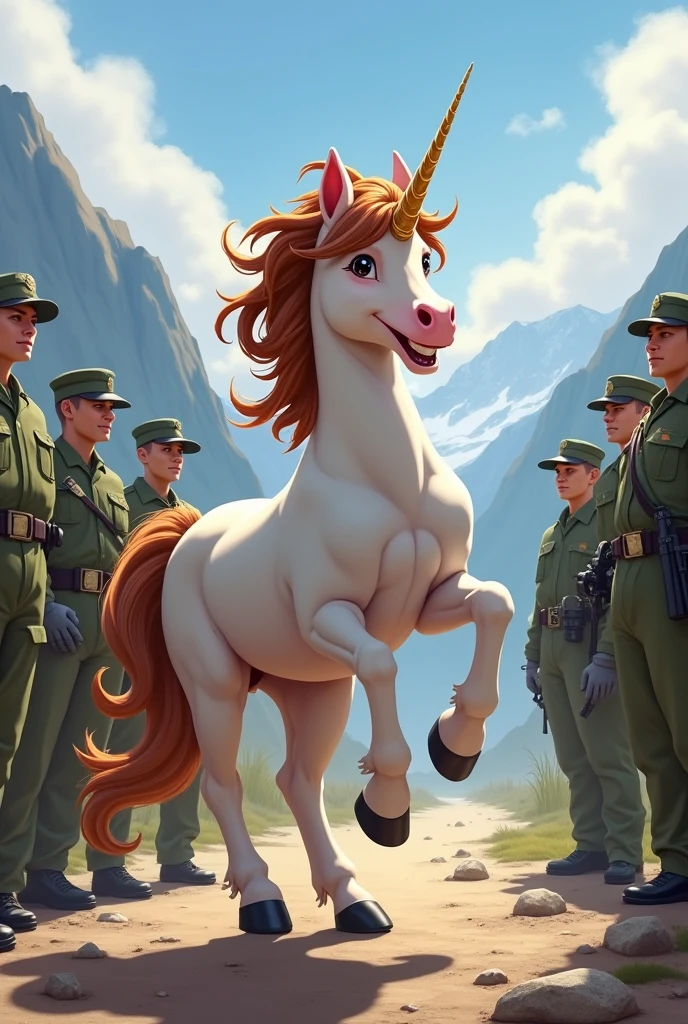 Une licorne féminine, cheveux brun, qui danse joyeusement avec un beau sourire au milieu de militaire mécaniciens militaires. En arrière-plan des montagnes. Réaliste.