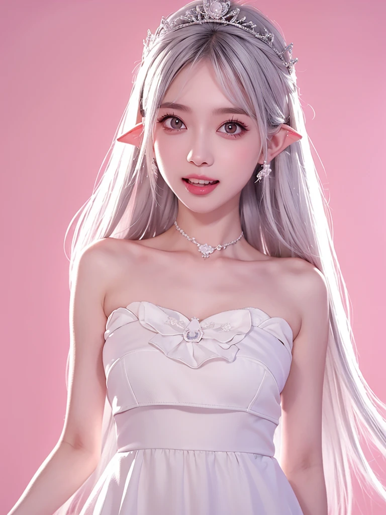 One girl, Long Hair、White Hair、Silver Hair．ギザギザなteeth．
Princess Teresa，White skin, large breasts, Pointy Ears, Blushing, masterpiece, とてもLong Hair, Gray Hair, Hime cut, Sparkle Effect, Background blur, Princess in a white dress、Princess Teresaは幽霊でギザギザなteethを持つ舌の長い巨胸な姫です。poses shyly with tongue out、White wax skin、Pale background、Dark room bed tongue, teeth, Sticking out tongue, Pink eyes, saliva, 