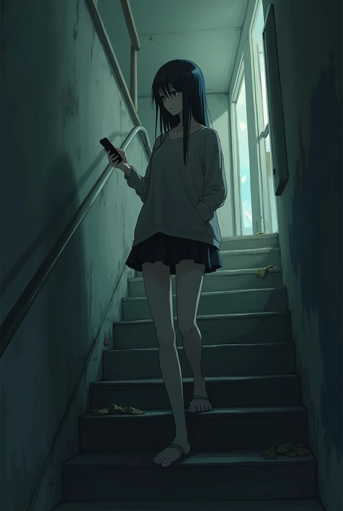 A depressed anime character walking up the stairs with his cell phone in his hand