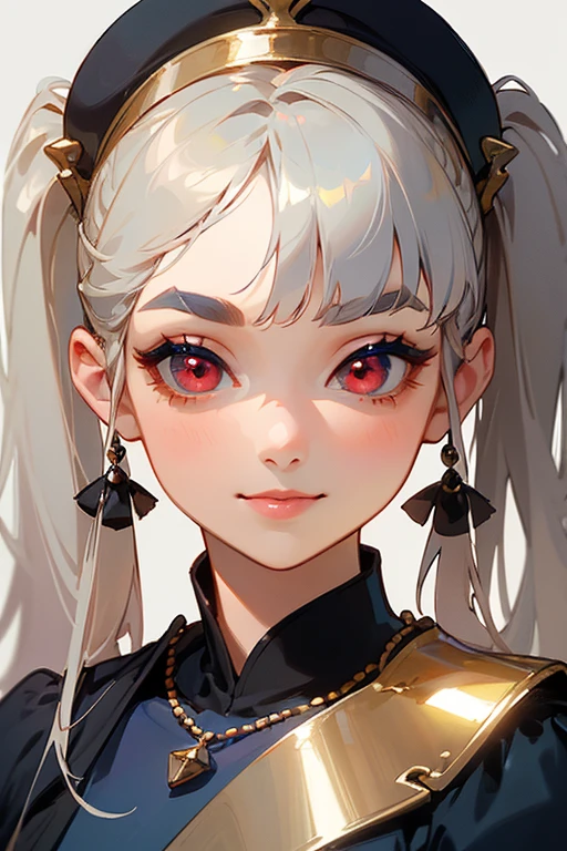(Highest quality, masterpiece:1.2), High resolution, The highest masterpiece、Very detailed, Realistic:1.37, Fantasy, An illustration,Gray Hair、 Red eyes、Queen, Navy and blue dress、beautifully、Eyeshadow Red、Thick eyebrows、Long eyelashes、pupils are black、shiny on the lips、Top Sites、Queen、Princess、A kind smile、Soft impression、people々々々Loved by、Slimming the face、Shoulder Bare、ponytail、Kissing Face、(Long white hair).Shaggy Bangs、(Save face image).(Goshikta)、(A kind smile)、(Background white)、(Gold Necklace).((Twin tails)).