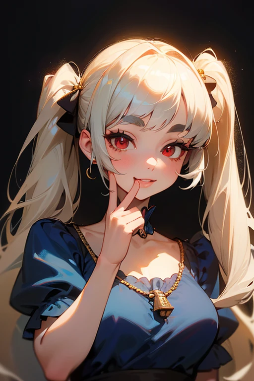 (Highest quality, masterpiece:1.2), High resolution, The highest masterpiece、Very detailed, Realistic:1.37, Fantasy, An illustration,Gray Hair、 Red eyes、Queen, Navy and blue dress、beautifully、Eyeshadow Red、Thick eyebrows、Long eyelashes、pupils are black、shiny on the lips、Top Sites、Queen、Princess、A kind smile、Soft impression、people々々々Loved by、Slimming the face、Shoulder Bare、ponytail、Kissing Face、(Long white hair).Shaggy Bangs、(Save face image).(Goshikta)、(A kind smile)、(Background white)、(Gold Necklace).((Twin tails)).