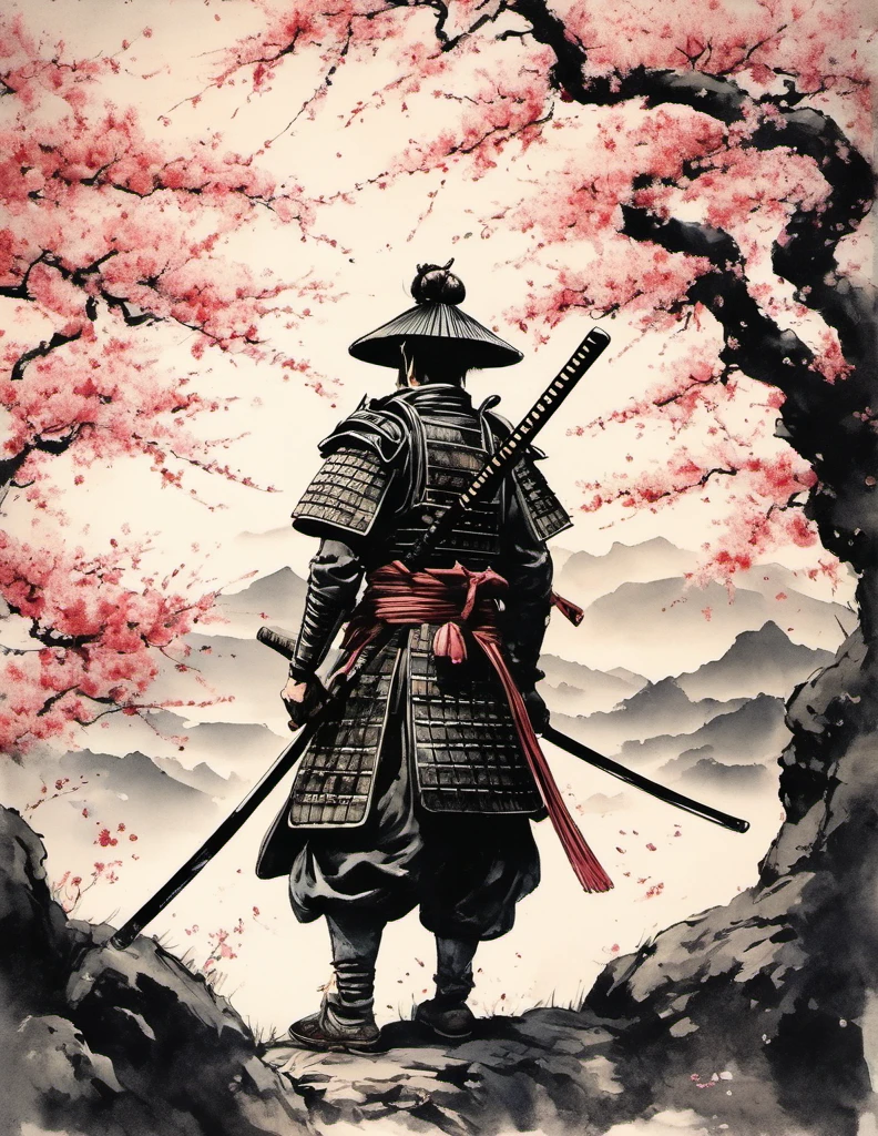 (best quality,highres:1.2),ultra-detailed,traditional Japanese samurai armor,warrior,stoic expression,serious,skilled swordsmanship,classic katana,samurai code of honor,sacred devotion,falling cherry blossom petals,ancient cherry blossom tree,authentic Japanese landscape,peaceful temple in the distance,subtle light and shadow,sublime artistry,brushstrokes,deep black ink wash,Manga-inspired,traditional woodblock print style,vibrant colors,delicate linework,faint scent of incense,serene atmosphere