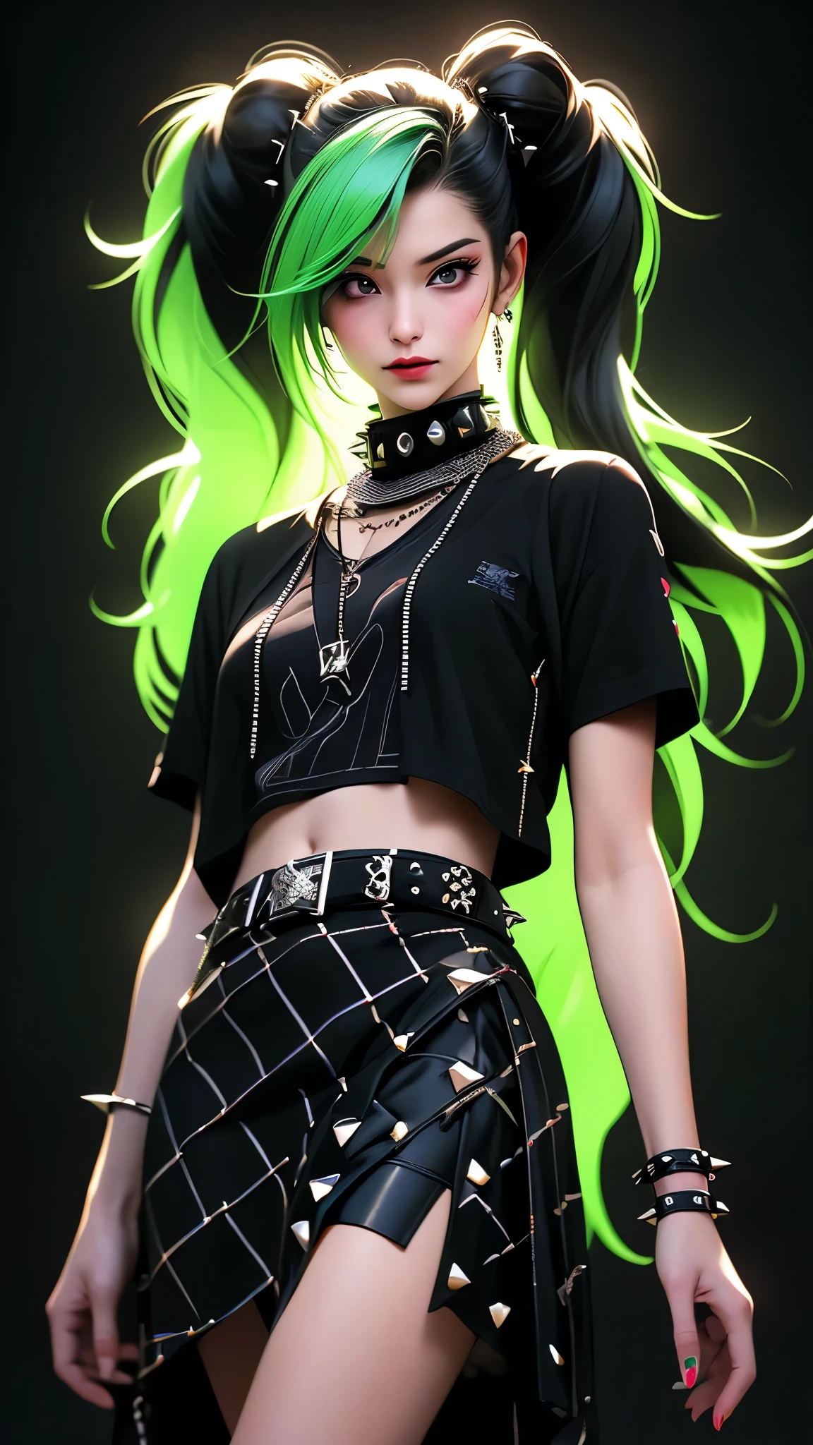 liquid ink sumi drawing, poison green color scheme, acid noir neon punk, 1girl, belt, spikes, skirt, solo, collar, shirt, long hair, studded belt, checkered, crop top, jewelry, twintails, belly, checkered skirt, necklace, studded collar, t-shirt, studded collar, looking at viewer, belt buckle, studded bracelet, spot color, pentagram, smile, buckle, (best quality,4k,8k,highres,masterpiece:1.2),ultra-detailed,(realistic,photorealistic,photo-realistic:1.37),VFX,UHD,HDR,3d unreal render