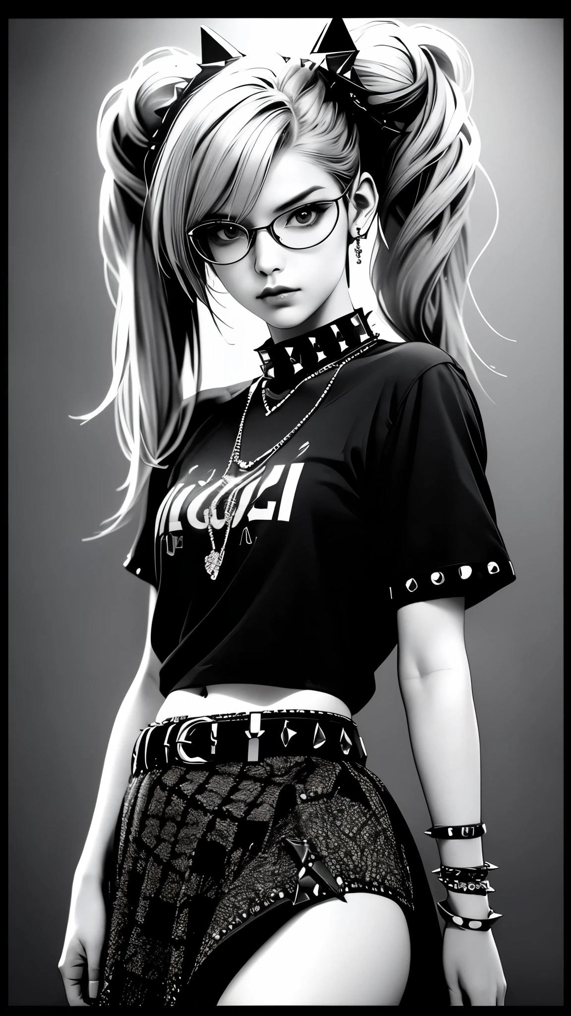 liquid ink sumi drawing, poison green color scheme, acid noir neon punk, 1girl, belt, spikes, skirt, solo, collar, shirt, long hair, studded belt, checkered, crop top, jewelry, twintails, belly, checkered skirt, necklace, studded collar, t-shirt, studded collar, looking at viewer, belt buckle, studded bracelet, spot color, pentagram, smile, buckle, (best quality,4k,8k,highres,masterpiece:1.2),ultra-detailed,(realistic,photorealistic,photo-realistic:1.37),VFX,UHD,HDR,3d unreal render