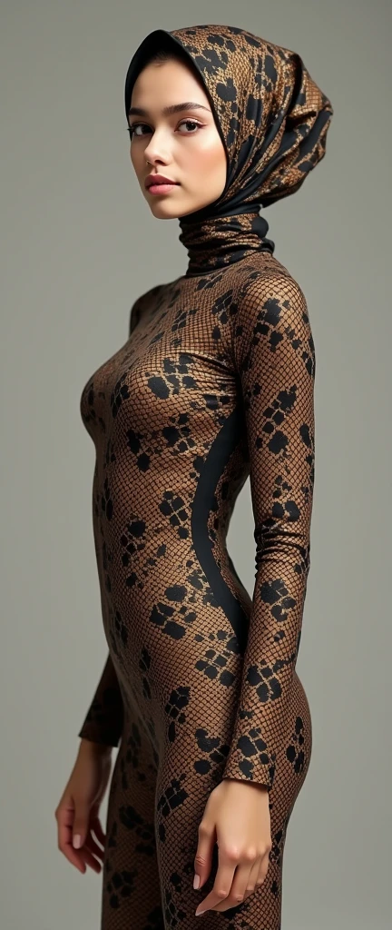 The most beautiful,thin,most pretty and clever Malaysian muslimah adult girl wears cobra print lycra turtleneck unitard catsuit covered with patterns.She always wear cobra print lycra dancewear stretchy square hijab covered with many patterns.