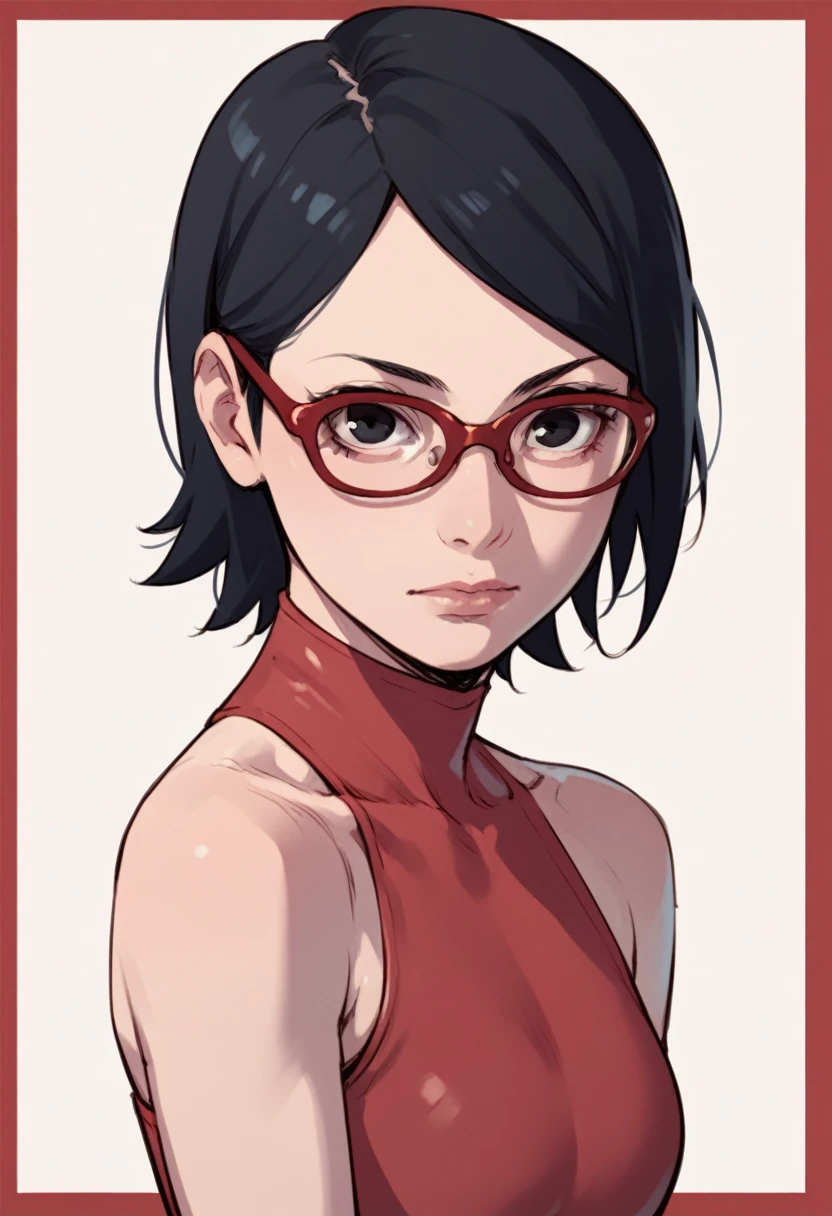 Sarada Uchiha, alone, 1 girl, black hair, short hair, red frame glasses, Glasses, black eyes, swimsuit 